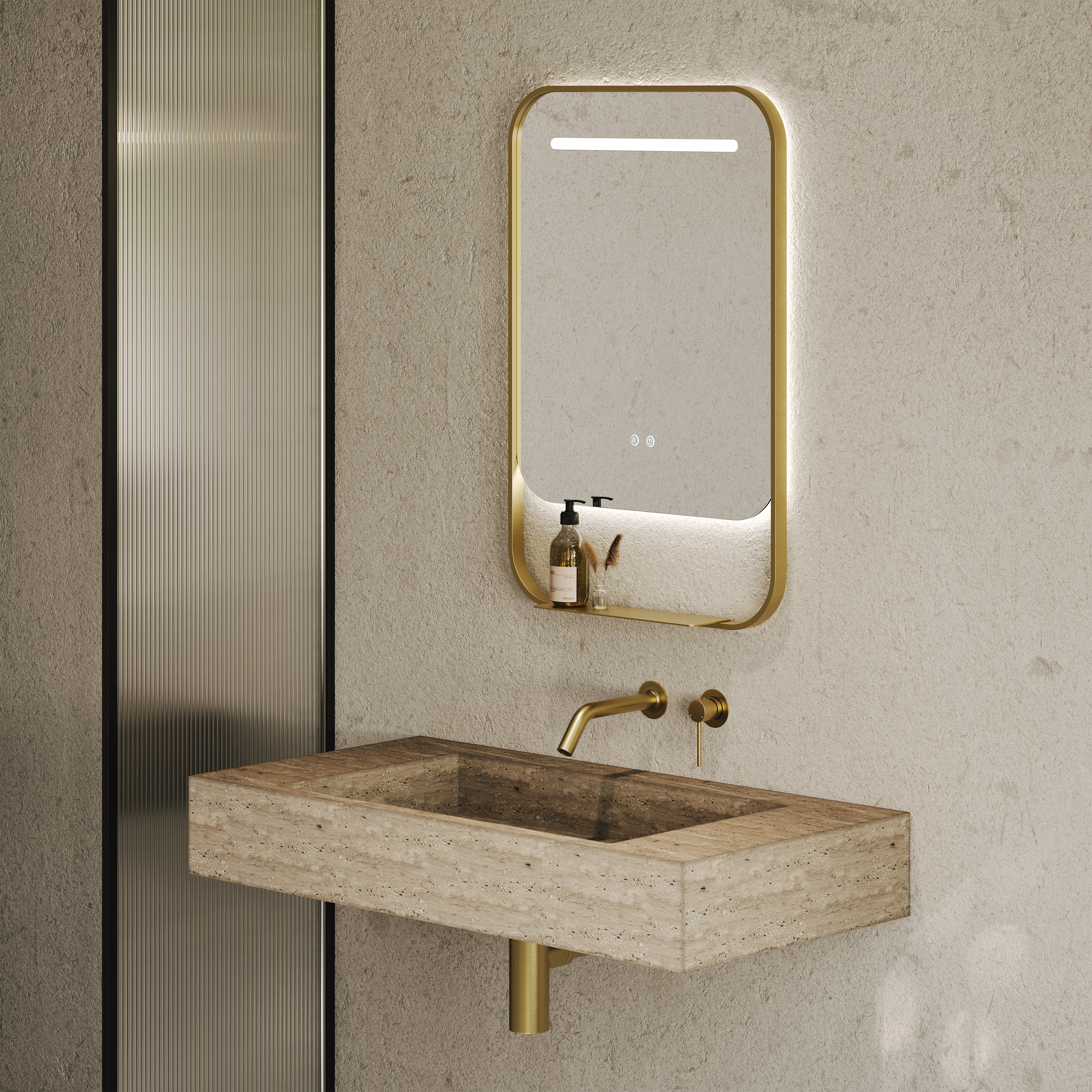 Miroir LED cadre doré brossé – Anti-buée, 600 mm
