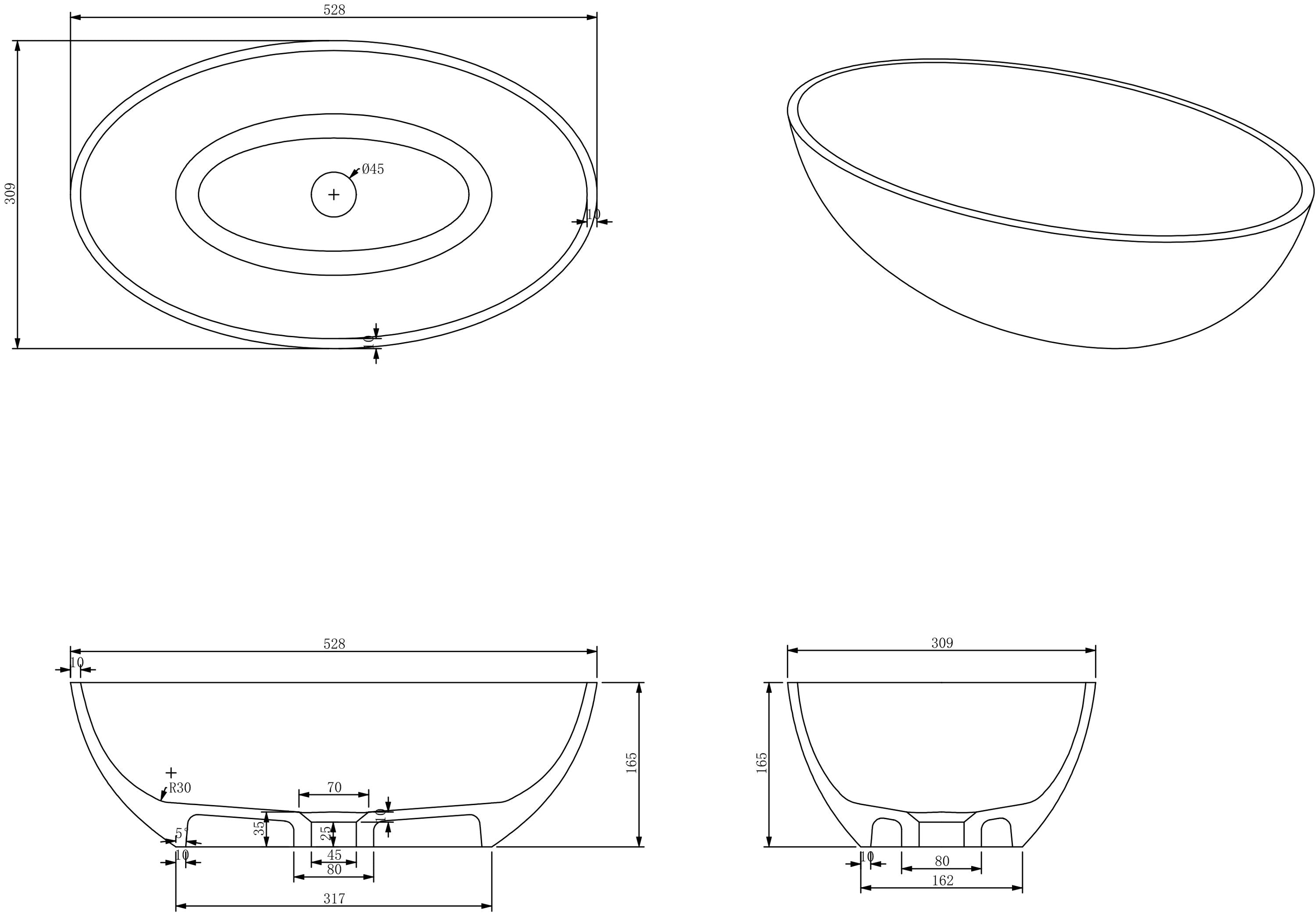 Vasque à poser ovale en résine minérale – 52,8 cm, blanc ou noir mat