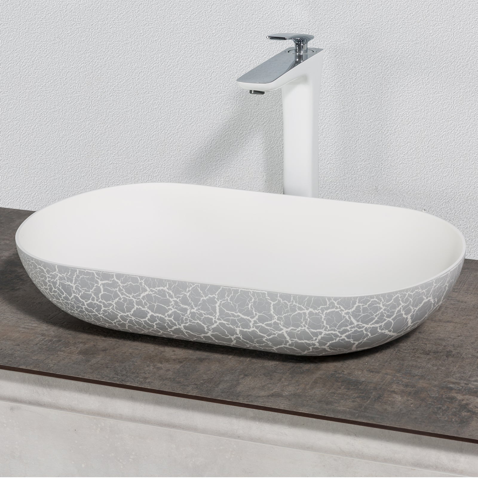 Vasque à poser ovale en résine minérale – Finition craquelée, 54 cm