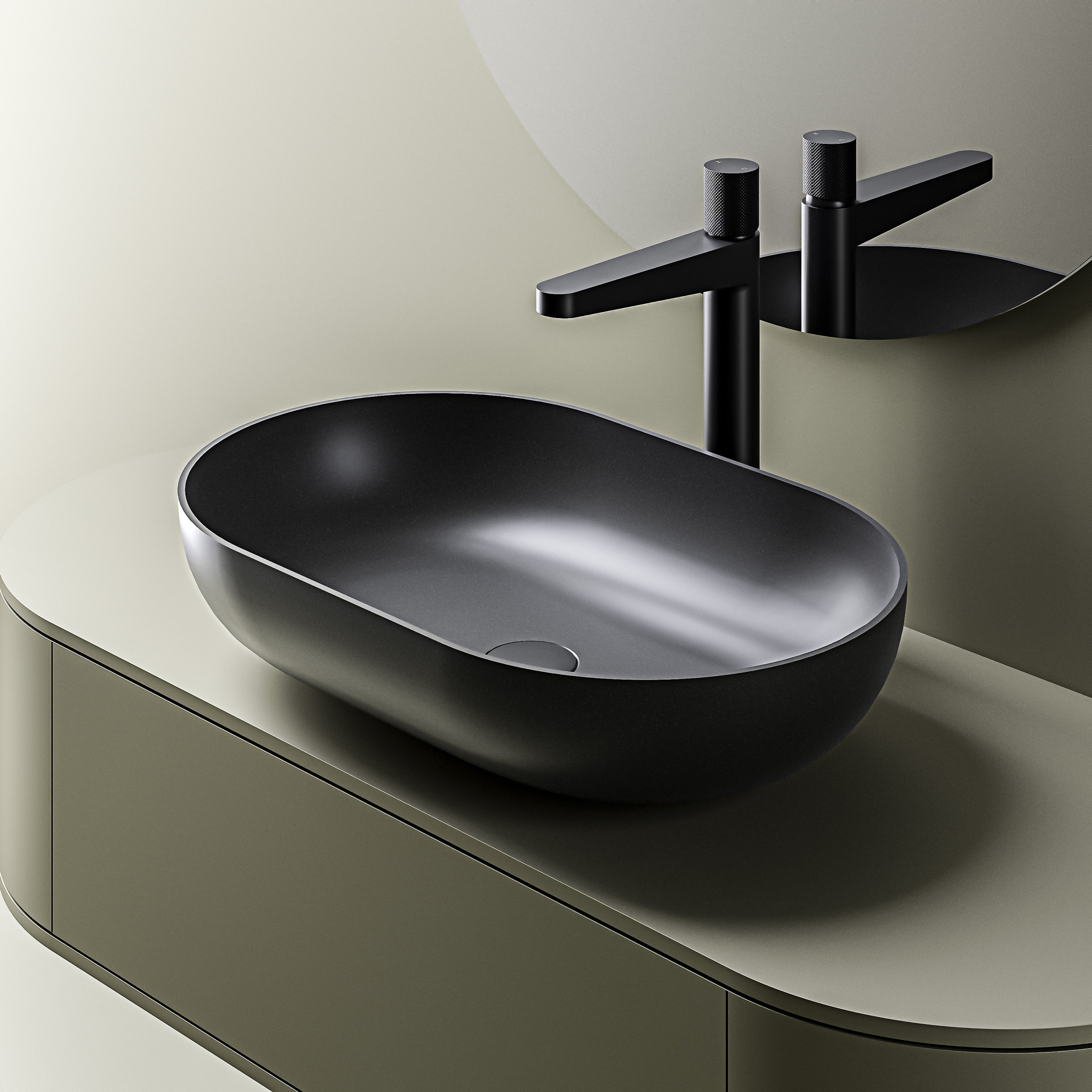 Vasque à poser ovale noir mat en résine minérale – 53 cm