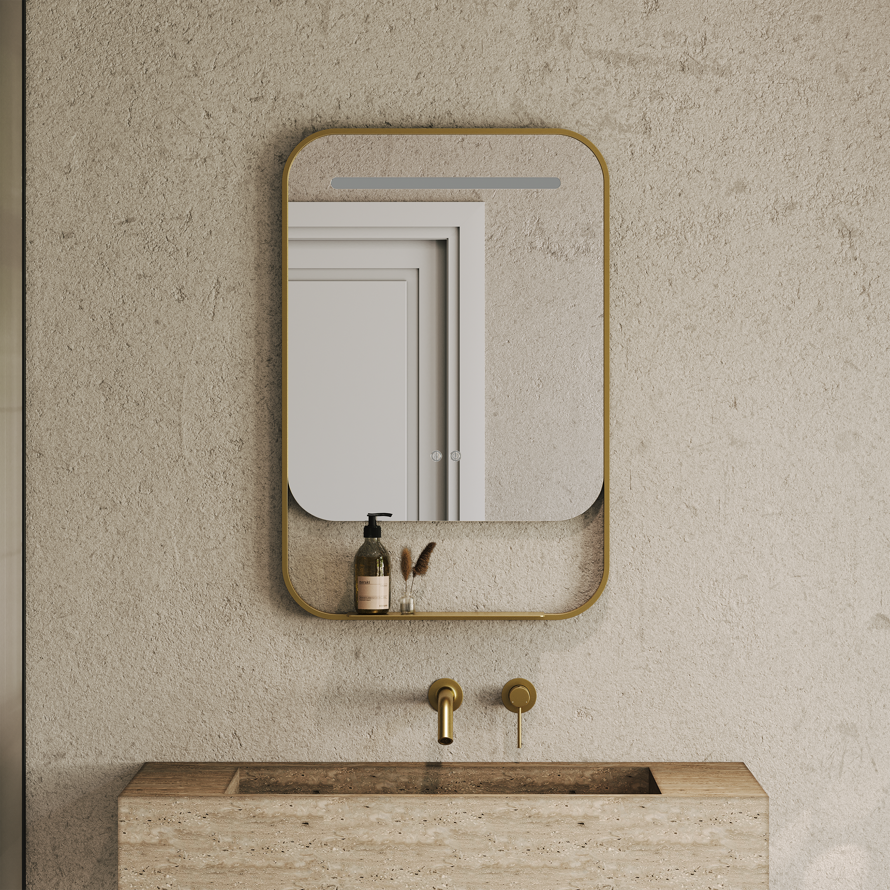 Miroir LED cadre doré brossé – Anti-buée, 600 mm