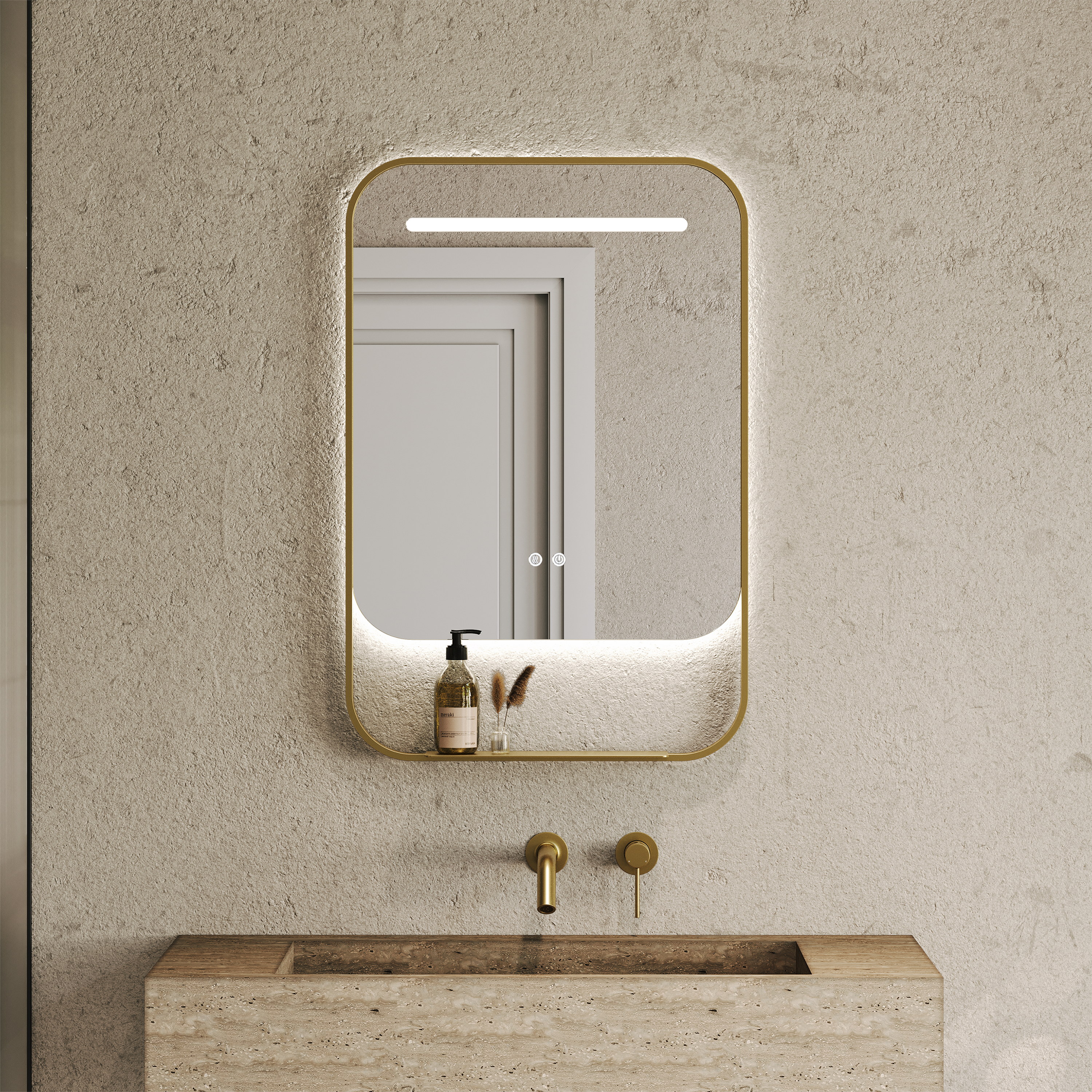 Miroir LED cadre doré brossé – Anti-buée, 600 mm