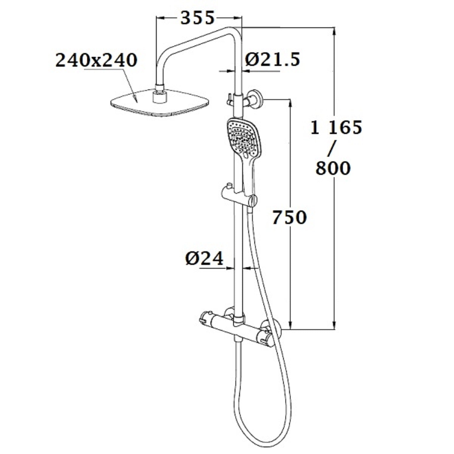 Colonne de douche thermostatique laiton – Tête carrée 240 mm