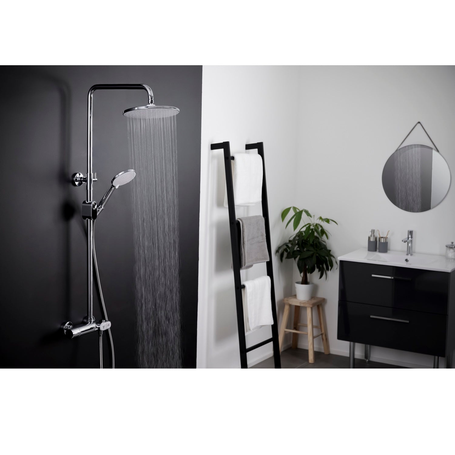 Colonne de douche thermostatique – Jets à boutons-poussoirs, laiton