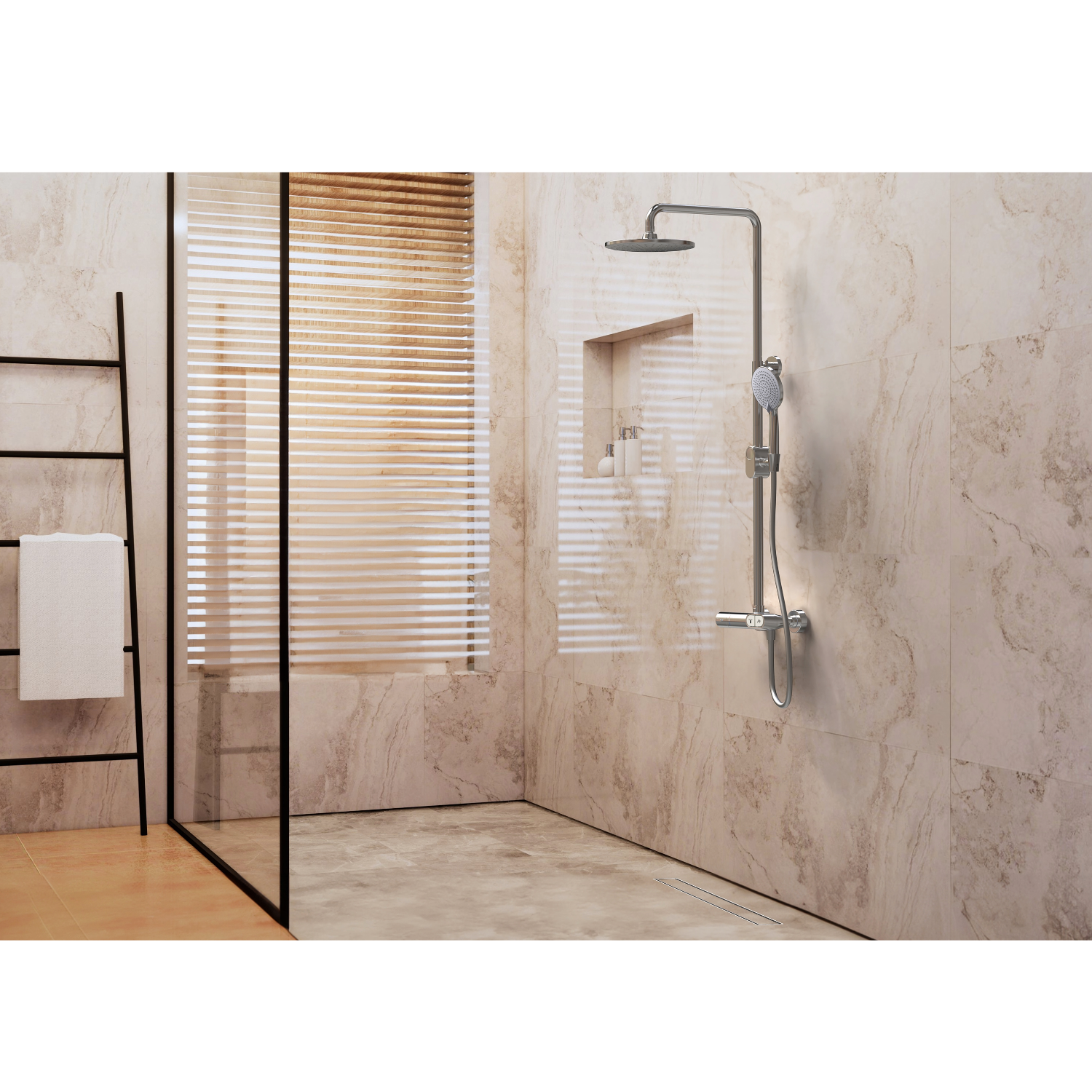 Colonne de douche thermostatique – Jets à boutons-poussoirs, laiton