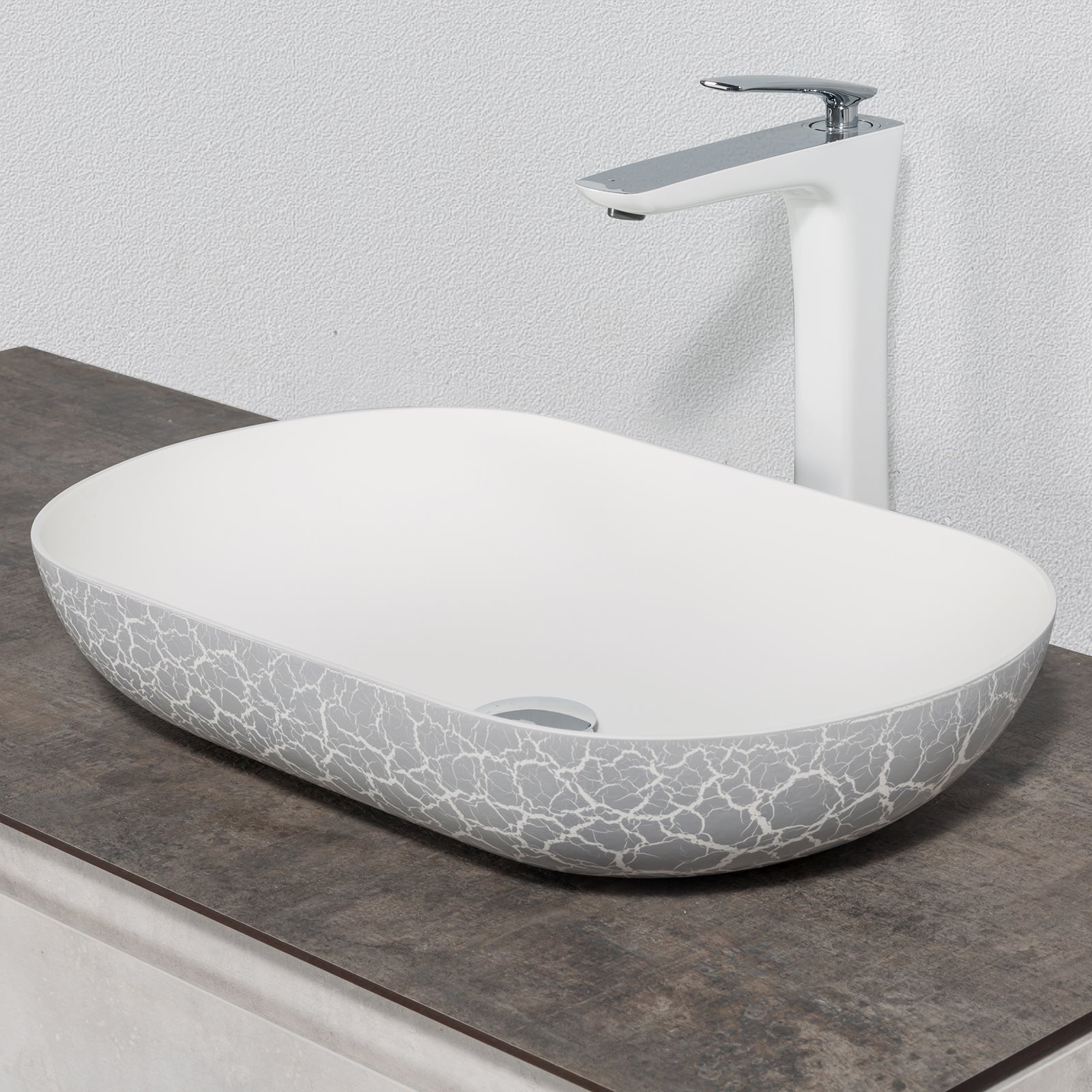 Vasque à poser ovale en résine minérale – Finition craquelée, 54 cm