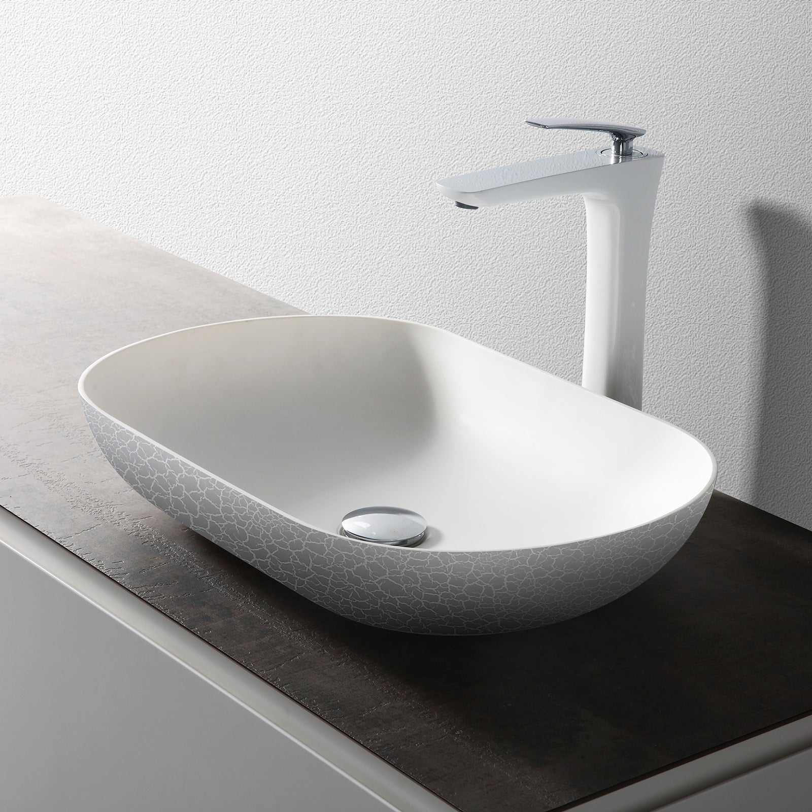 Vasque à poser ovale en résine minérale – Finition craquelée, 54 cm