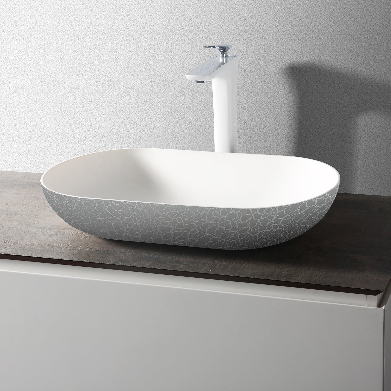 Vasque à poser ovale en résine minérale – Finition craquelée, 54 cm