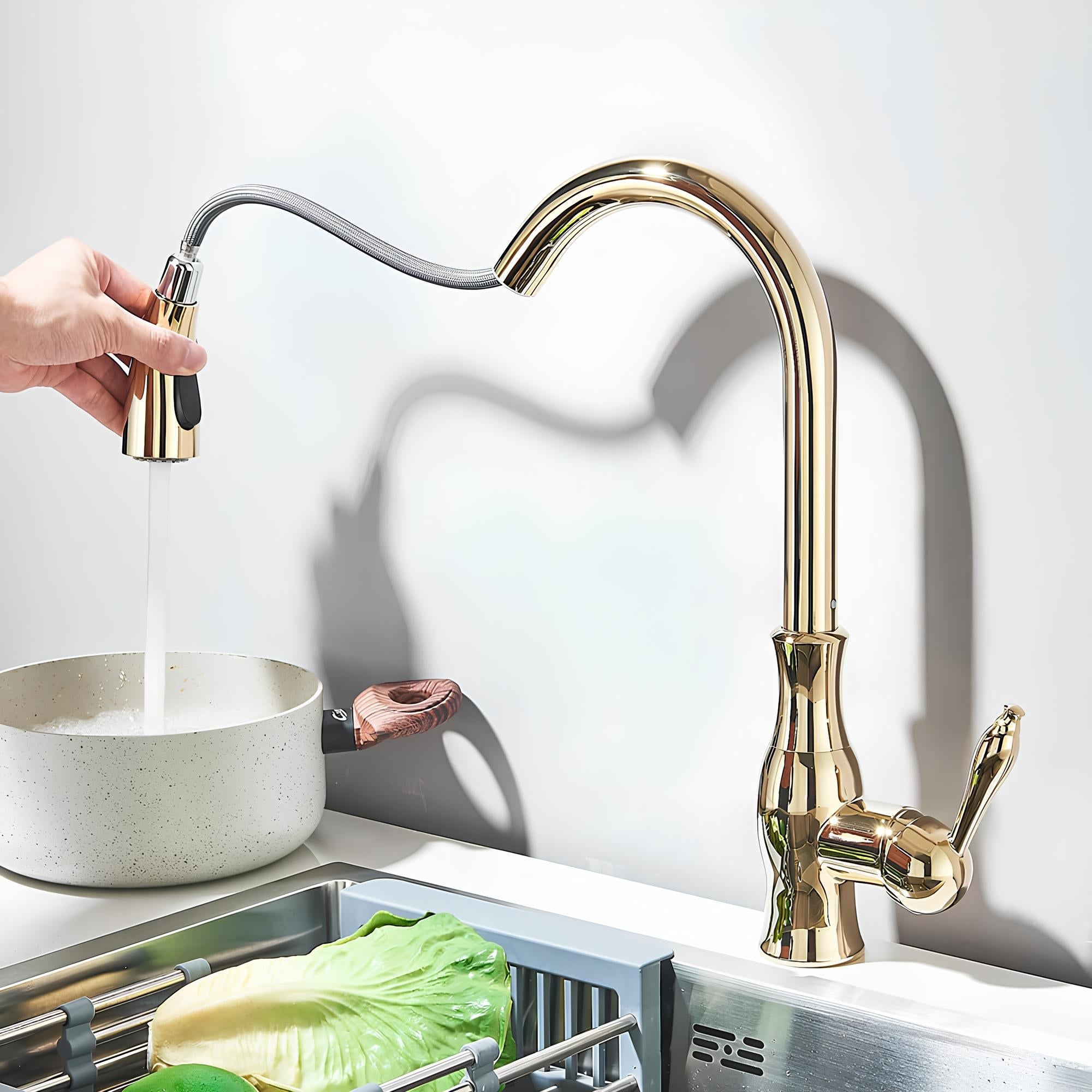 Mitigeur cuisine laiton – Douchette escamotable, col pivotant